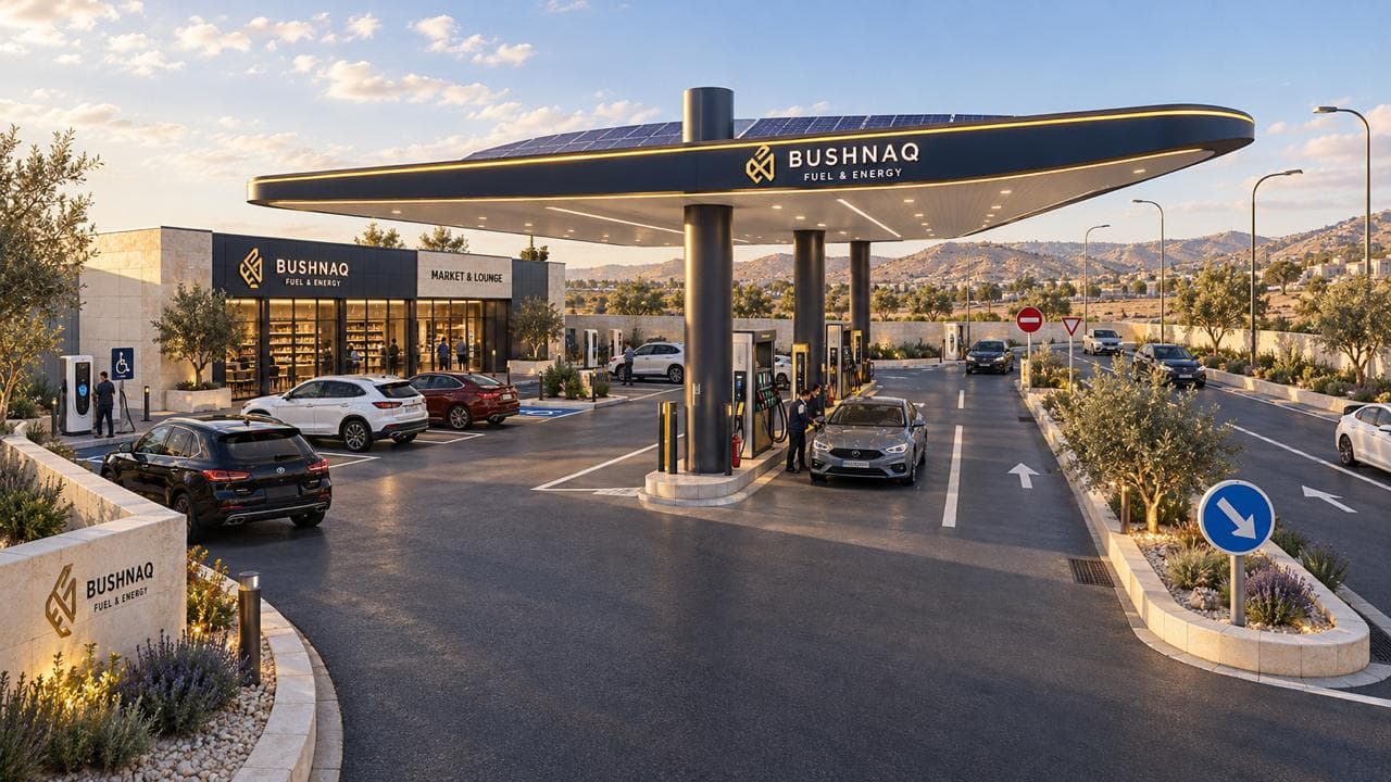 Bushnaq Fuel Station canopy and market at sunset