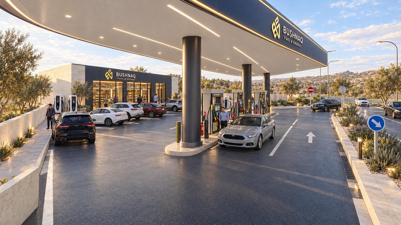 Drive-through lane with pump islands