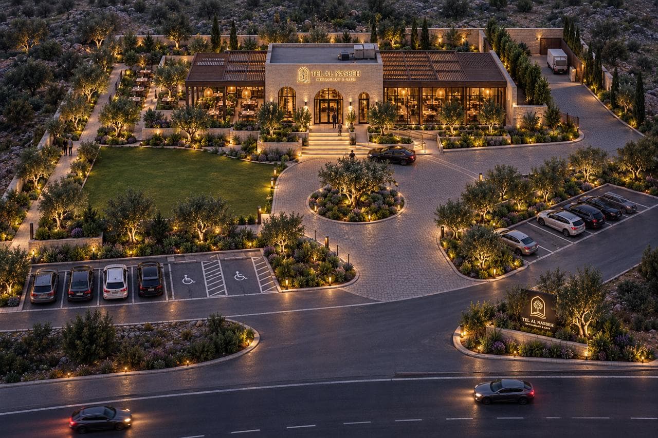 Aerial view: restaurant, garden lawn and arrival court