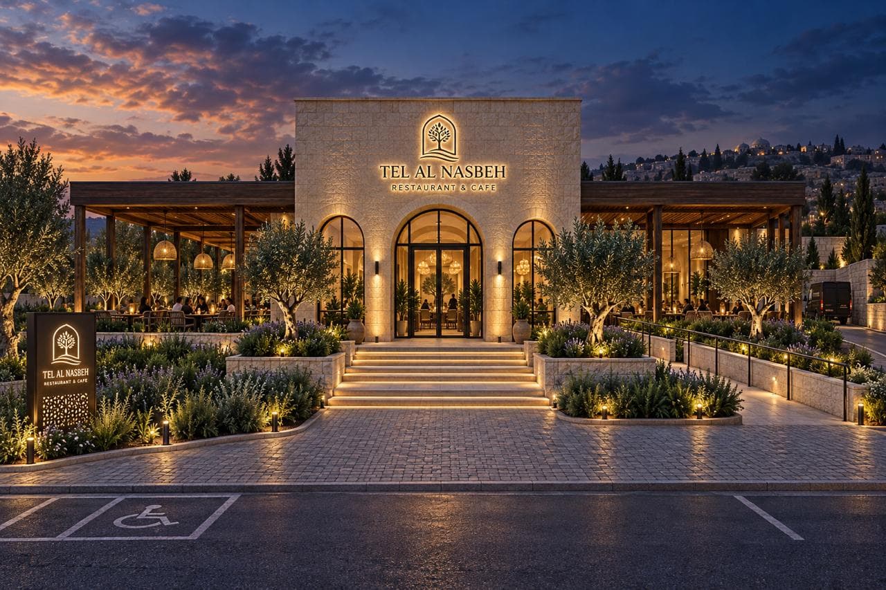 The restaurant and pergola terraces at dusk