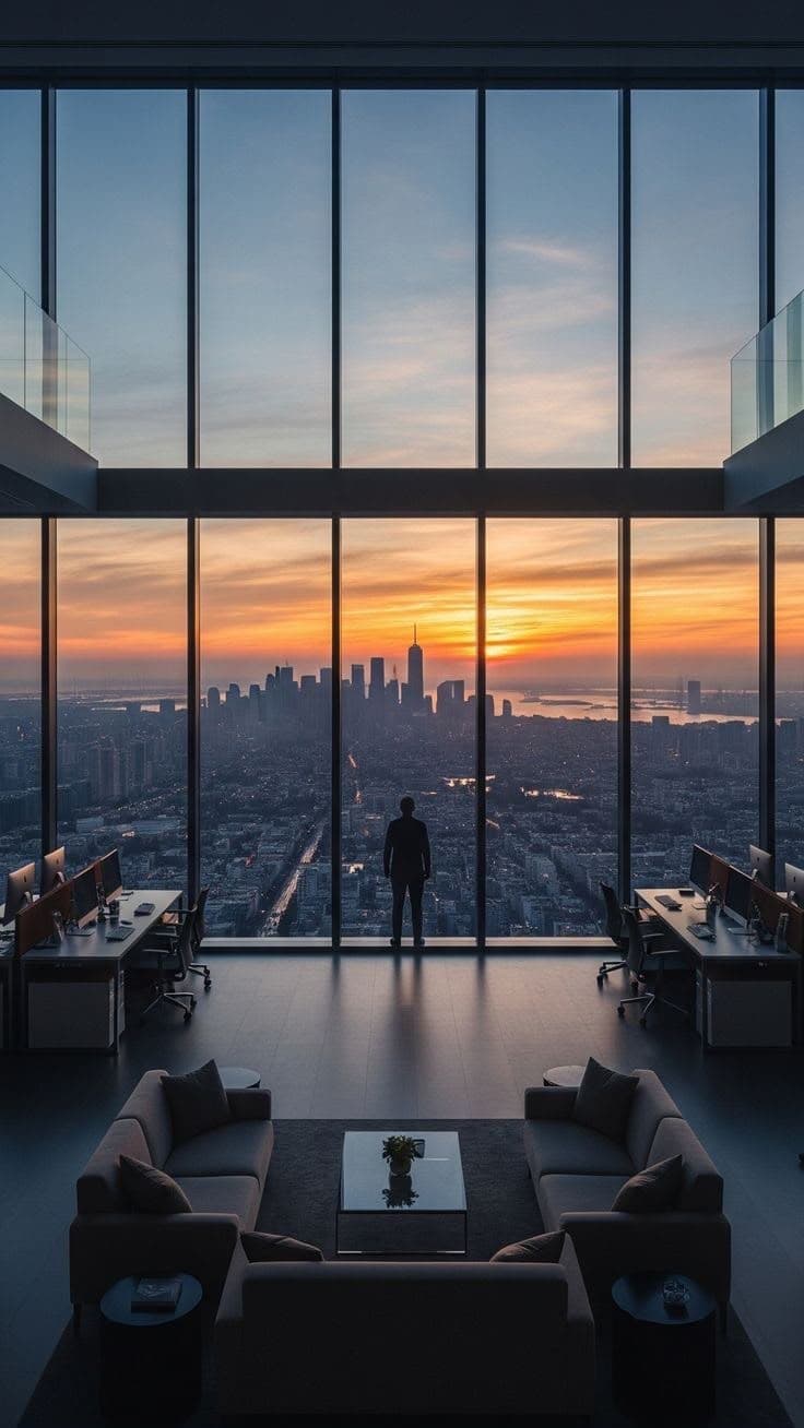Office overlooking the city skyline at sunset